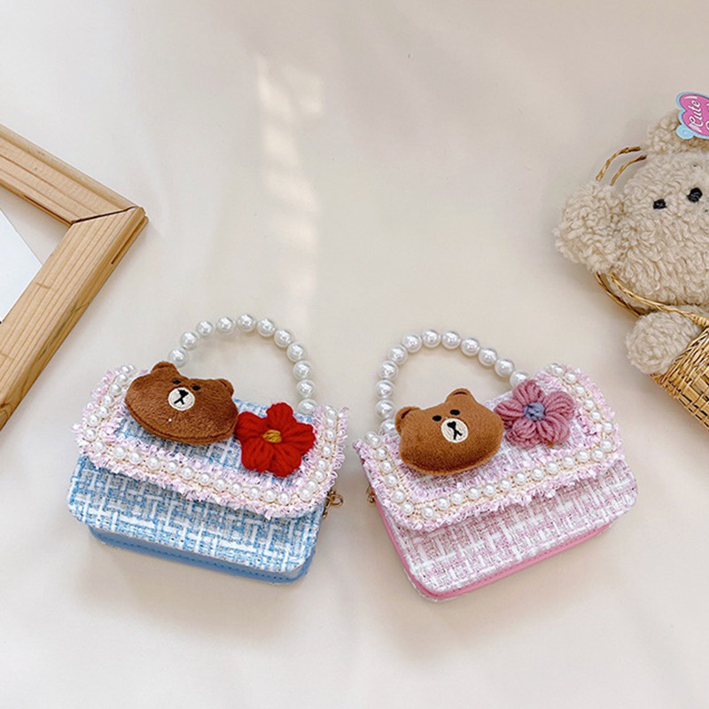 Túi đeo chéo mini đính hạt ngọc trai nhân tạo trang trí gấu/ thỏ hoạt hình đáng yêu dành cho trẻ em