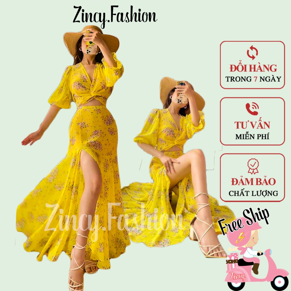 Set maxi đi biển hoa vàng Váy maxi xẻ tà hoa nhí áo xoắn ngực tay lỡ Váy đầm đi biển đi dạo KÈM HÌNH THẬT MXAVVH.001