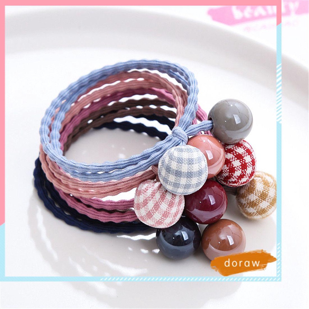 Dây cột tóc co giãn trang trí hạt tròn kẻ ca rô dễ thương cho phái đẹp