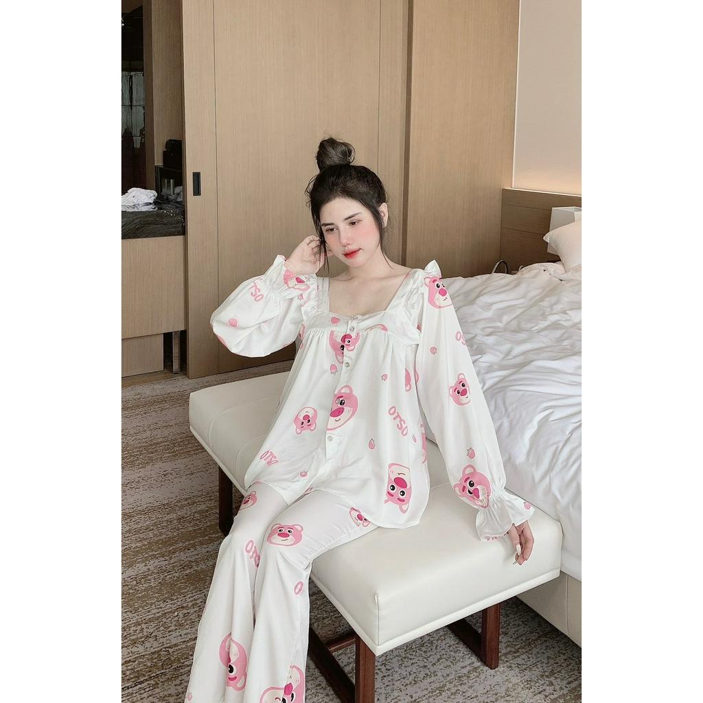 Đồ bộ nữ dài tay màu đen tiểu thư cổ vest lụa xước, đồ ngủ nữ pijama, đồ ngủ tiểu thư, đồ mặc nhà nữ lụa tay dài