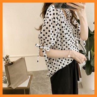 Sơ mi nữ chấm bi cổ V thắt nơ tay  [TTBK]