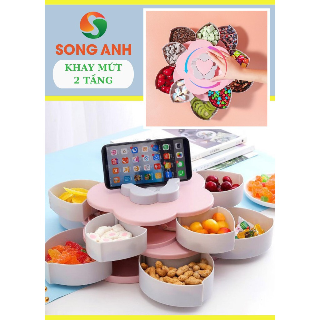 Khay Mứt Tết Đựng Bánh Kẹo 2 Tầng Xoay Tầng 10 Cánh Xoay, Có Kèm Khe Giá Đỡ Điện Thoại Song Anh