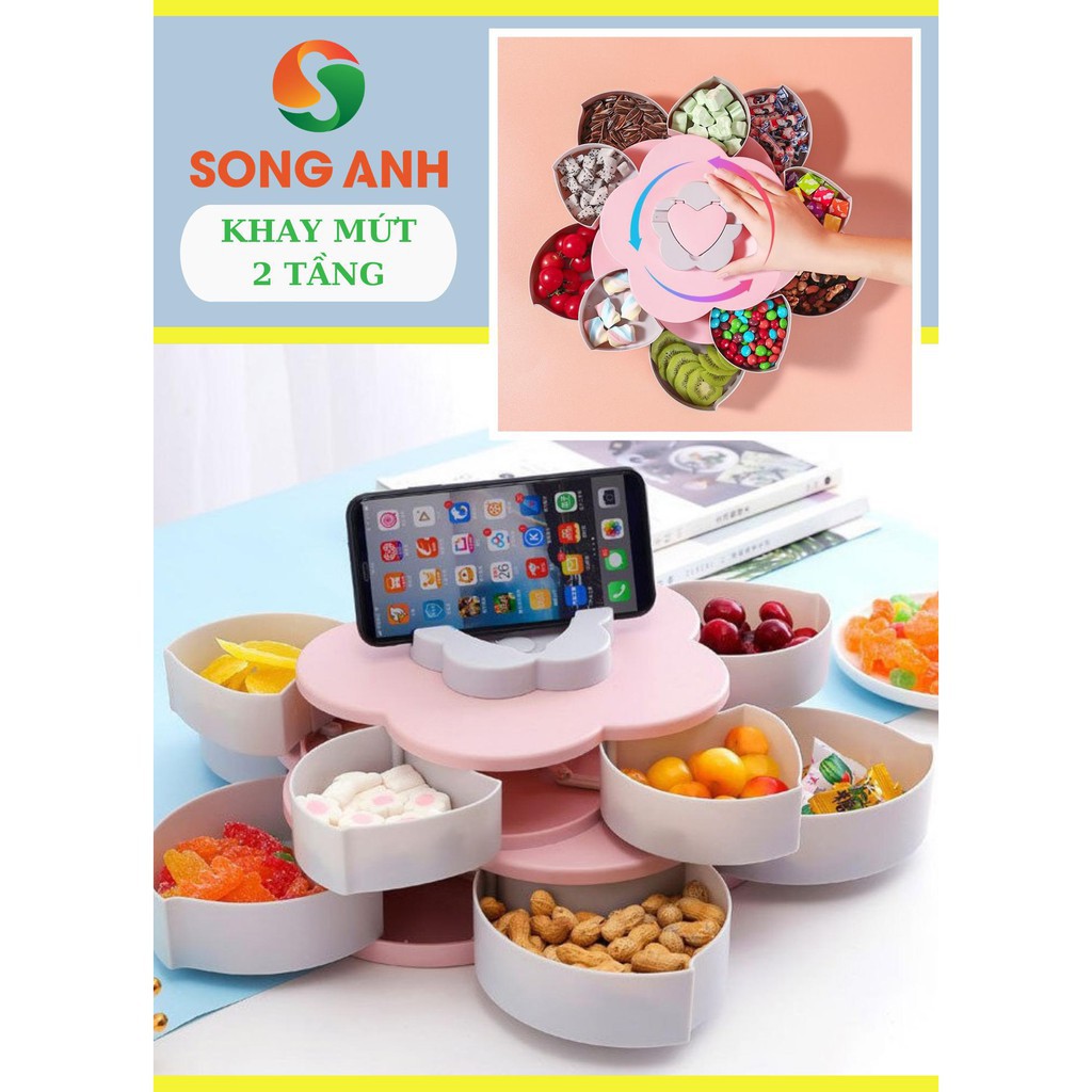 Khay Đựng Mứt Tết💖FREESHIP💖Bánh Kẹo 2 Tầng 10 Cánh Xoay, Có Kèm Khe Giá Đỡ Điện Thoại Song Anh