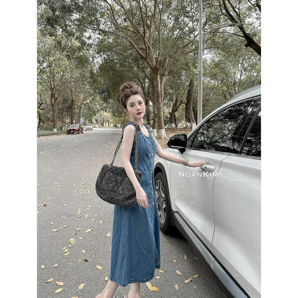 Váy hai dây denim dây chun tiểu thư, váy jean nữ dáng dài mát mẻ ảnh thật