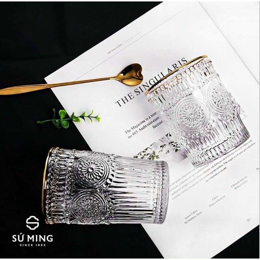 Bộ cốc Thủy Tinh RETRO mạ vàng chịu nhiệt cao cấp,họa tiết nổi,siêu sang kiểu dáng Bắc Âu