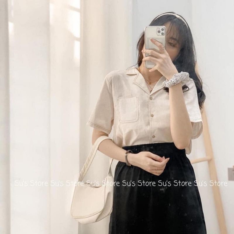 áo sơ mi cổ vest chỉ nổi vintage ảnh thật