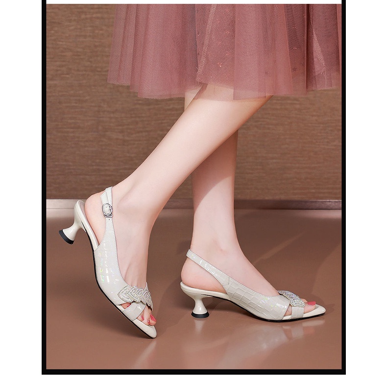 Giày Sandal Gót Thấp Hở Mũi Đính Đá Thời Trang Mùa Hè Cho Nữ