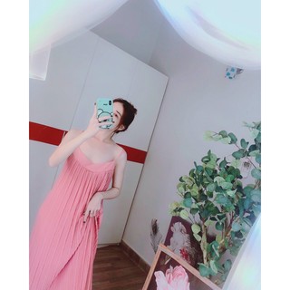 Đầm maxi dập ly 2 dây voan trơn