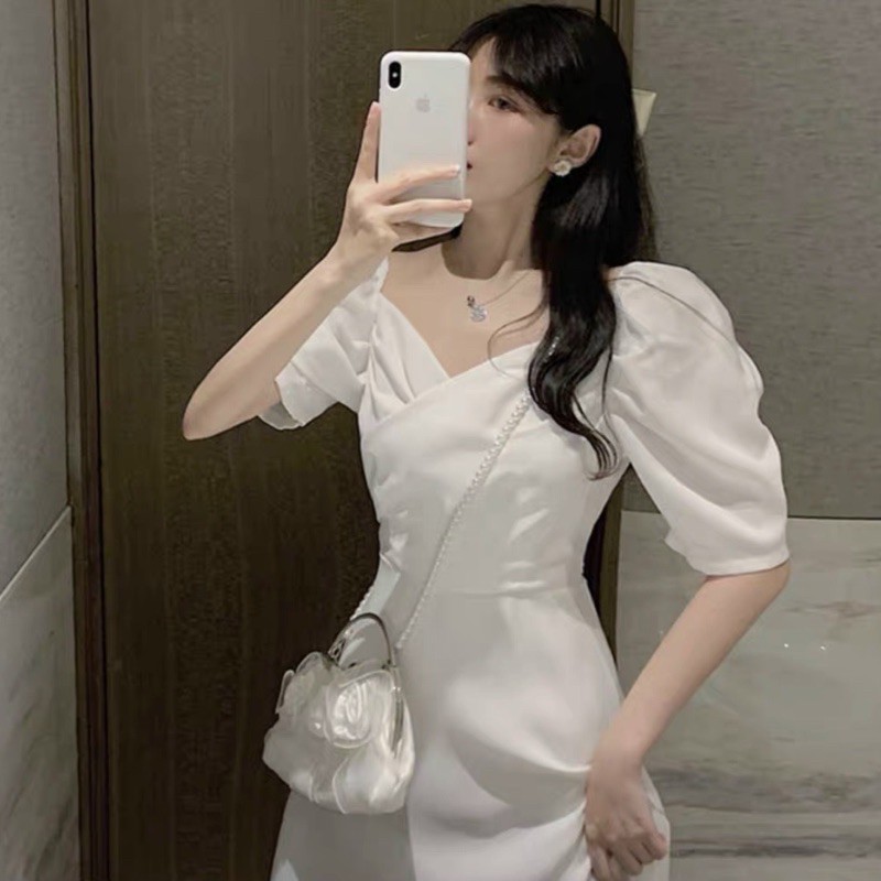 Đầm trắng xòe cổ đắp chéo tiểu thư minia- ảnh thật canh mặc