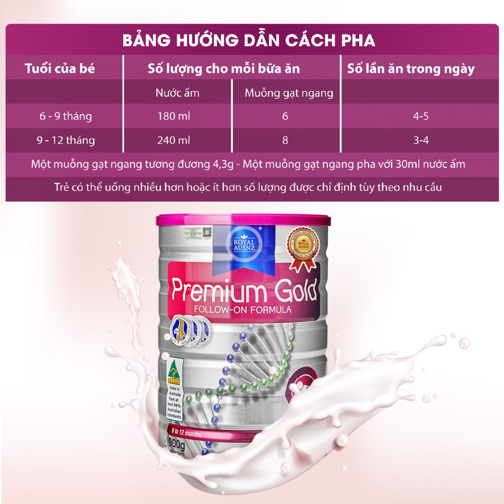 Combo 6 Hộp Sữa Bột Premium Gold Số 2 ROYAL AUSNZ Bổ Sung Vitamin, Khoáng Chất Cho Trẻ 900g/hộp