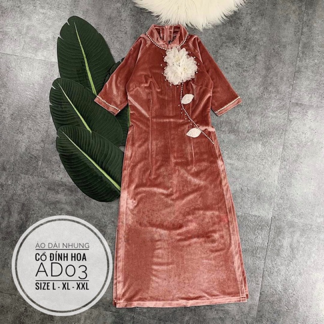 Bigsize Áo dài nhung cổ đính hoa AD03