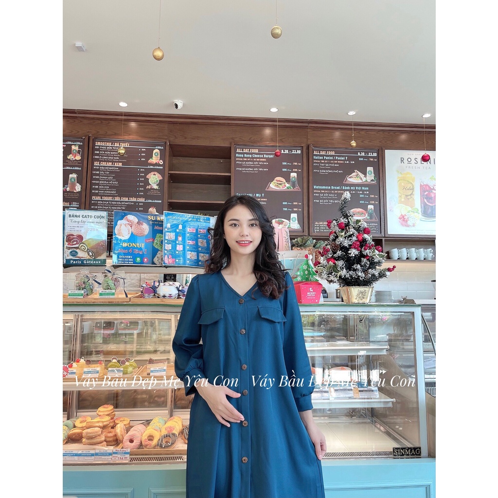 Đầm bầu công sở Váy bầu đẹp màu xanh cổ V dáng suông MYC 5M