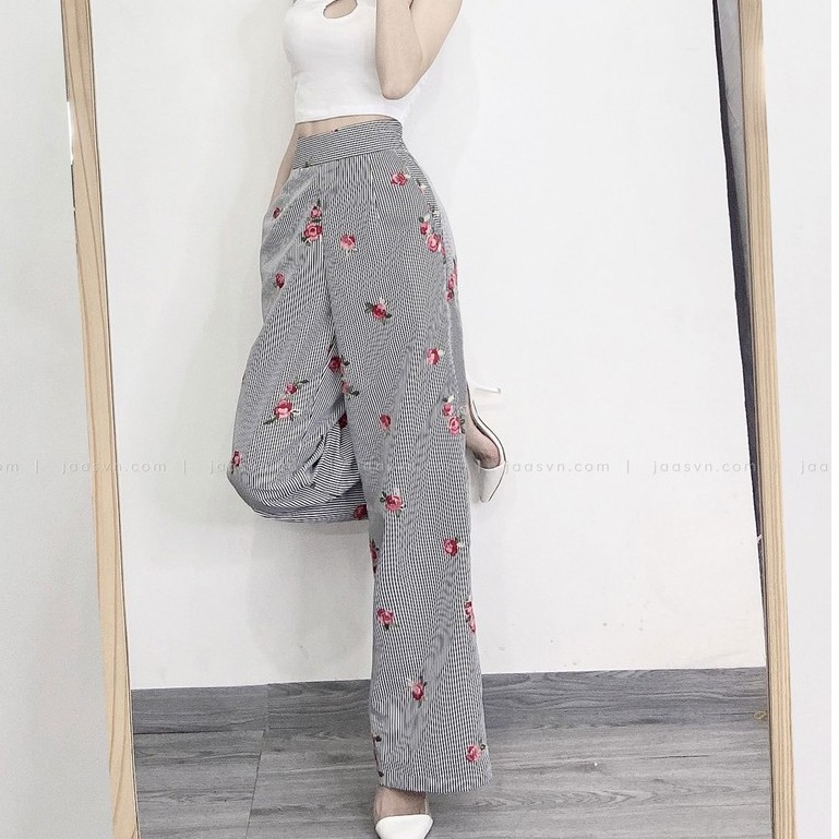Quần dài ống rộng chất kate thêu hoa