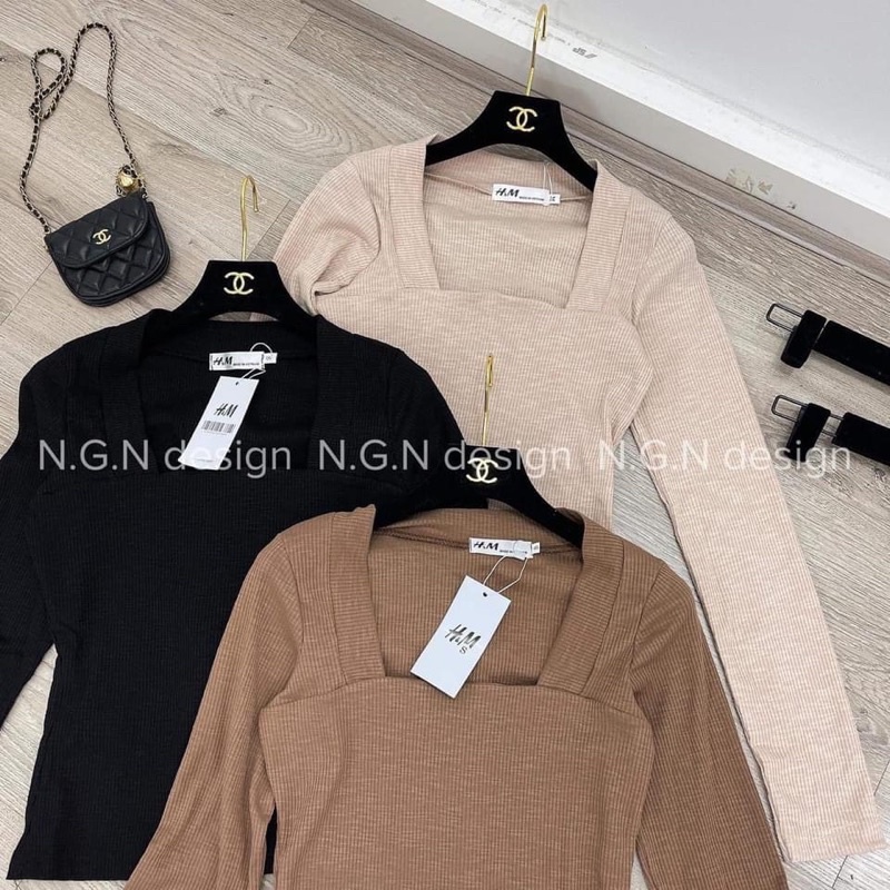 Áo len tăm cổ vuông croptop dài tay