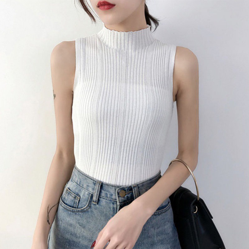 Áo Dệt Kim Sát Nách Cổ Lọ Dáng Ôm Thời Trang Retro Cho Nữ