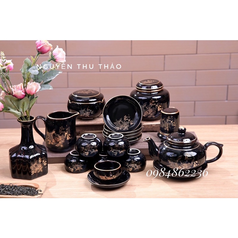 Bộ ấm chén vẽ cảnh vàng kim Bát Tràng - Bộ ấm trà đẹp