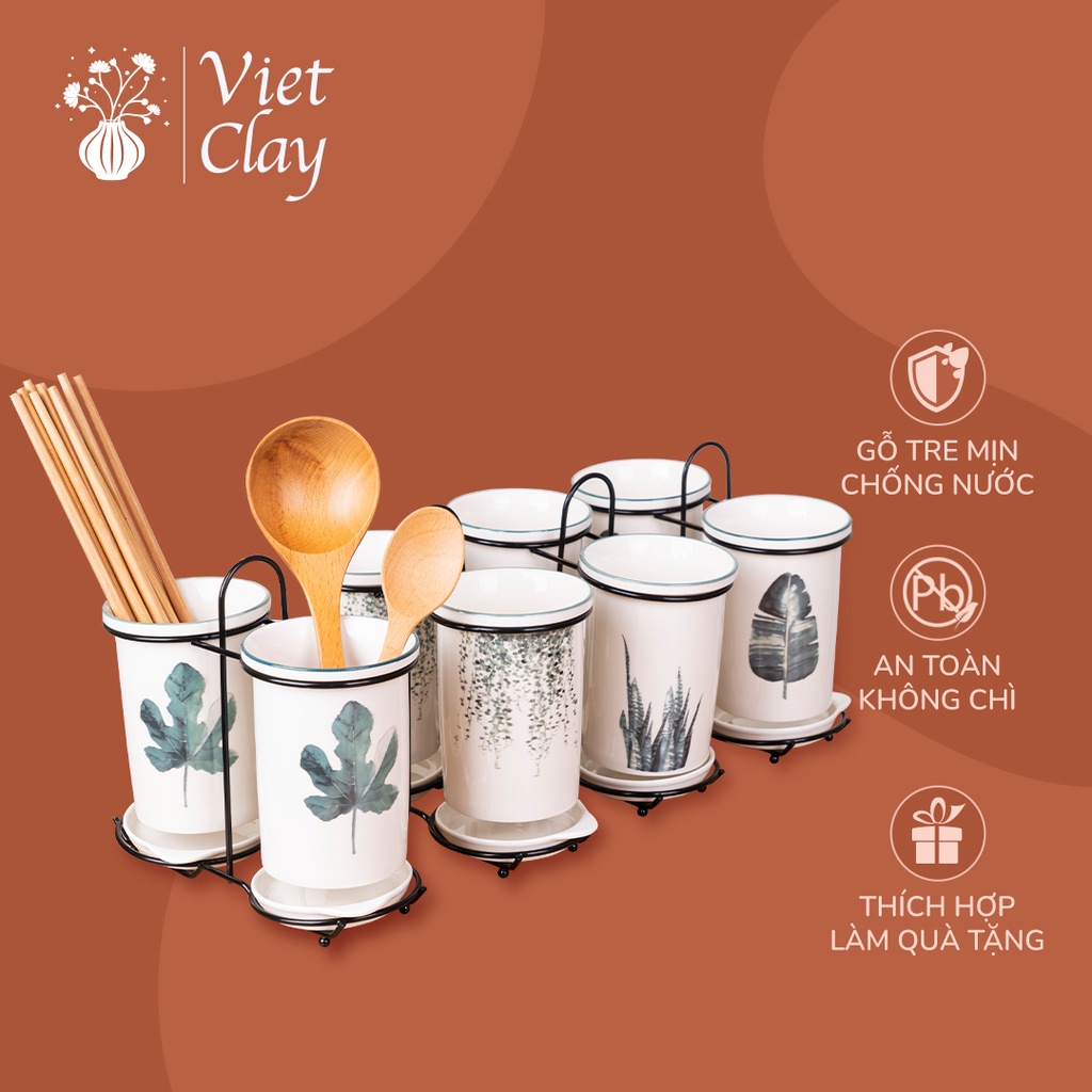 Bộ Ống Đựng Đũa Sứ, Thìa, Dĩa Cao Cấp Kèm Khung Gỗ Chất Lượng, Tiện Dụng Cho Nhà Bếp