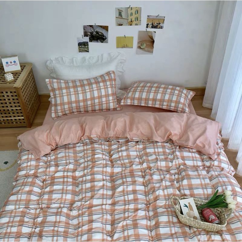 Bộ chăn ga cotton poly Kẻ Ô Hàn Quốc