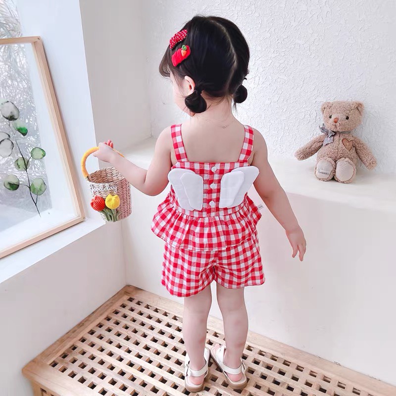 Bộ quần áo cộc bé gái họa tiết kẻ caro cotton mềm mát BC02 - BÉ NHÀ THỊ