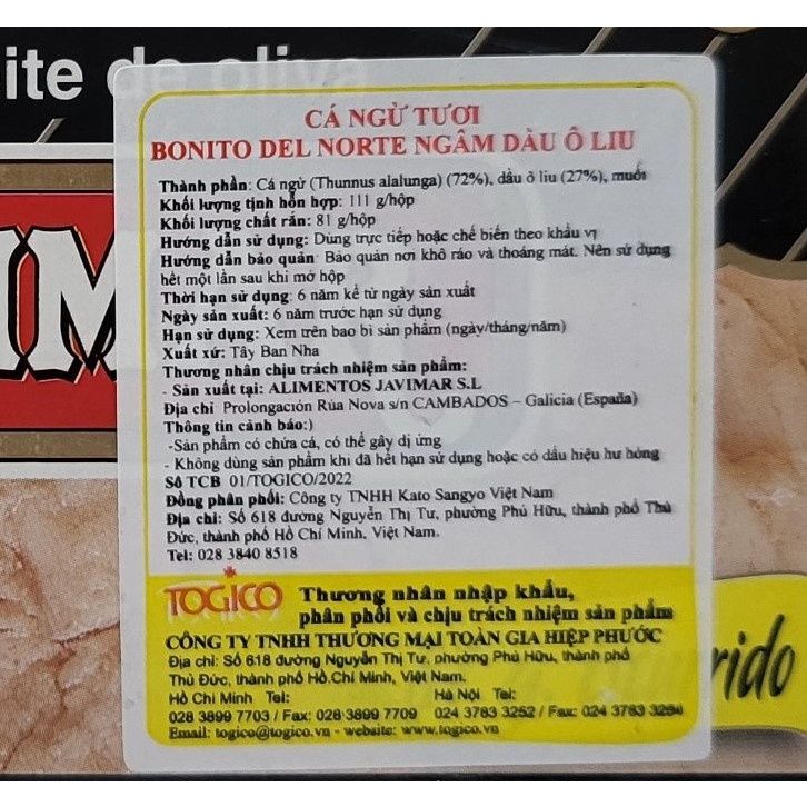 [Hộp 111g – nhãn ĐEN] CÁ NGỪ TƯƠI NGÂM DẦU Ô LIU [Spain] JAVIMAR White Tuna in Olive Oil (tgc)