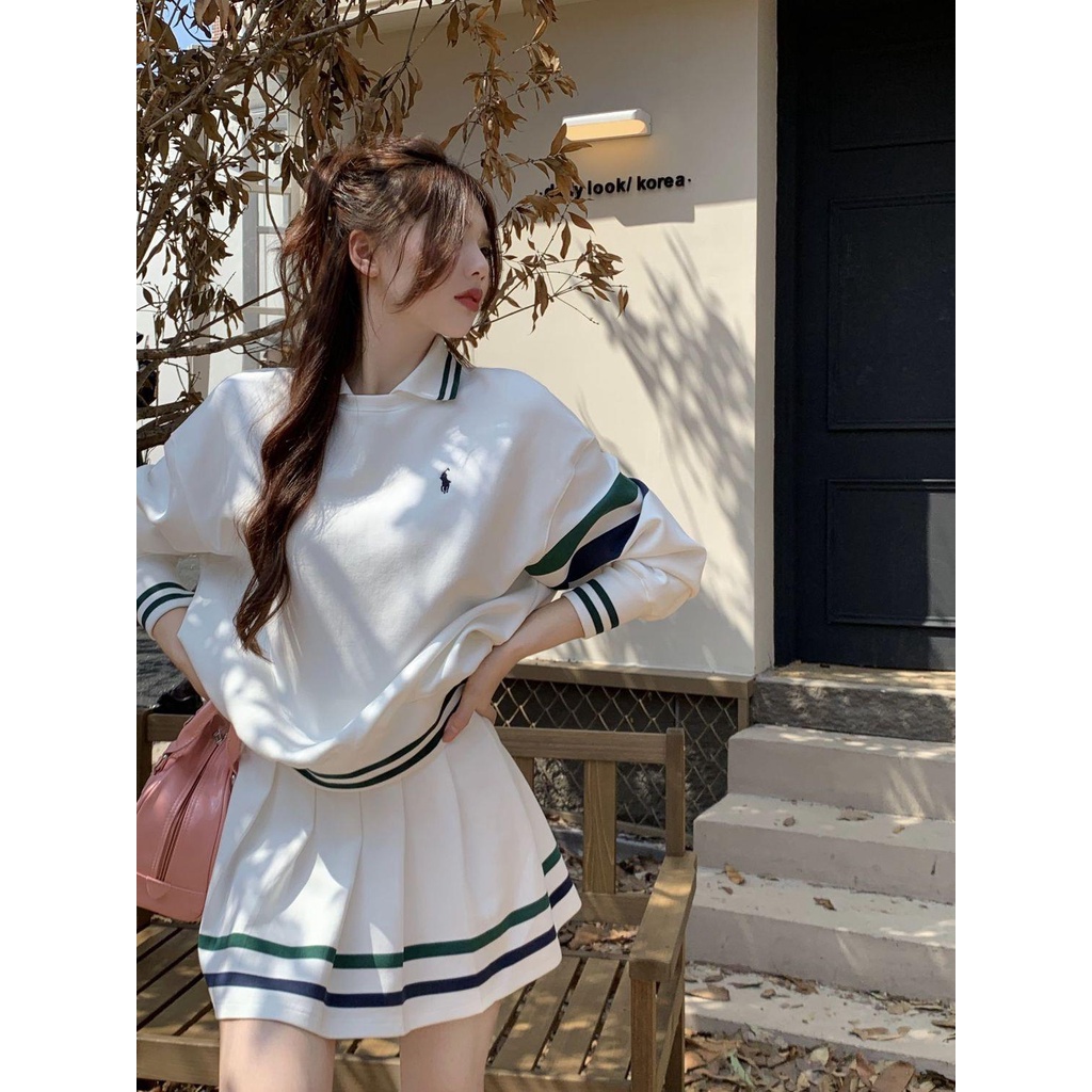 Áo Thun polo Tay Dài Họa Tiết Kẻ Sọc Phong Cách Retro Cho Nữ