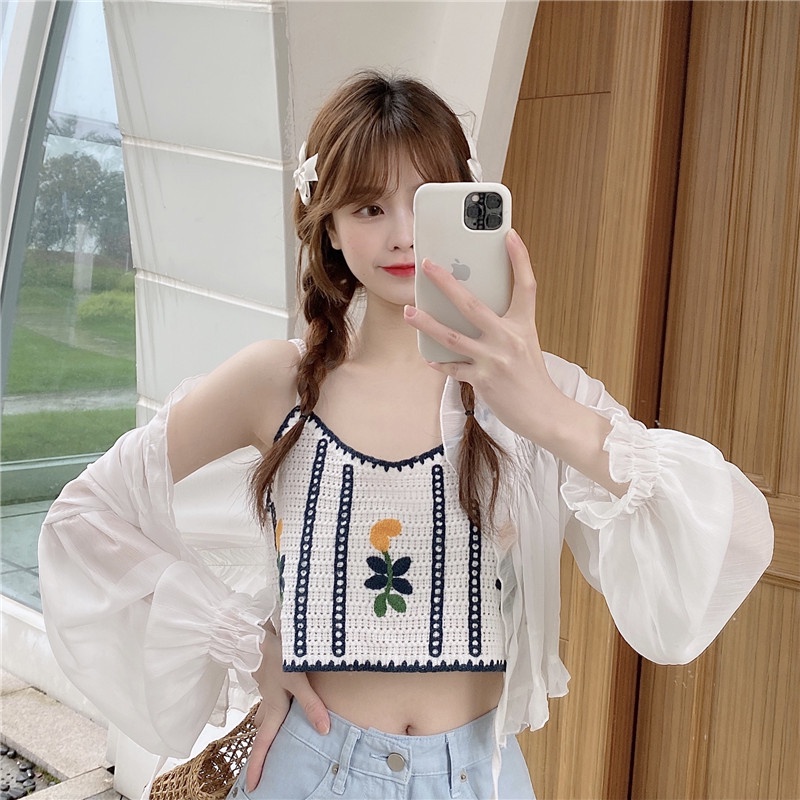 Áo gile/ hai dây dệt kim họa tiết hoa cam dễ thương phong cách Hàn Quốc
