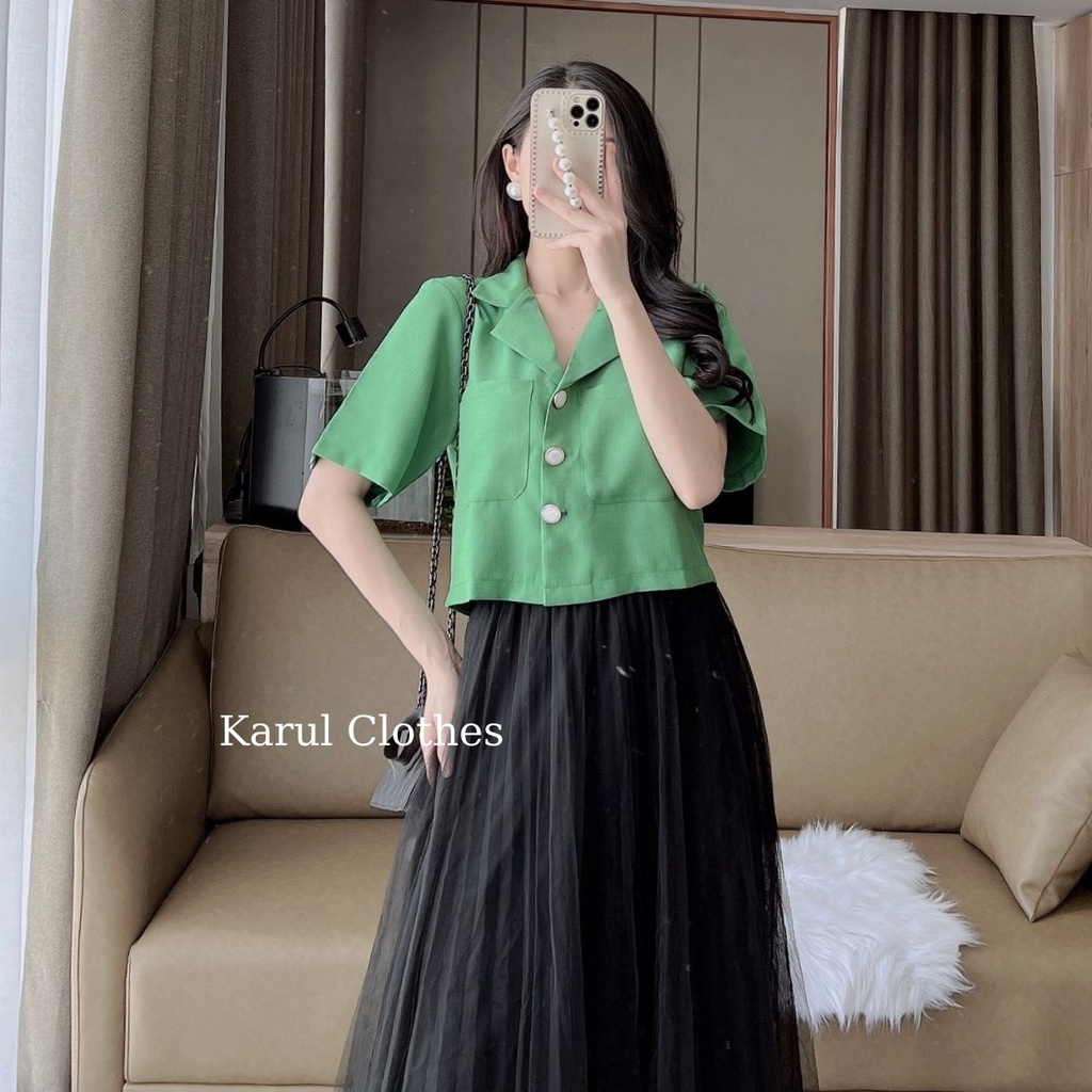 Áo sơ mi nữ dáng ngắn 3 cúc phôi 2 túi ngực sâu , áo sơ mi nữ phối 2 túi sâu 3 cúc kiểu dáng Hần quốc D598