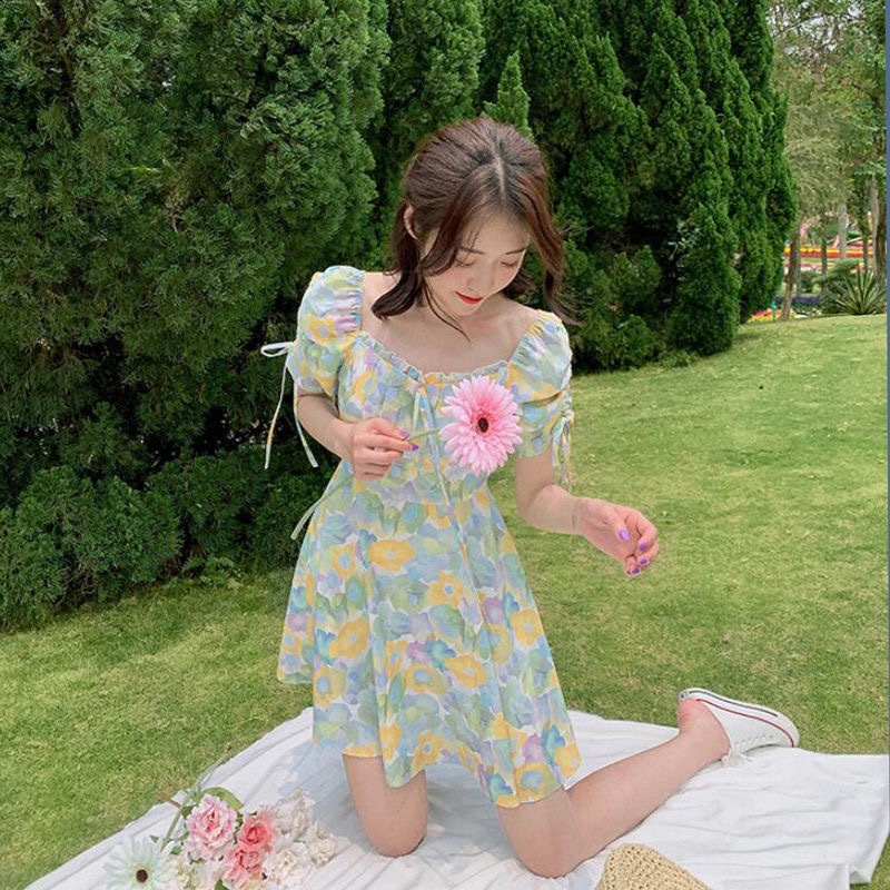 Đầm Chữ a Cổ Vuông Tay Ngắn Eo Cao In Họa Tiết Hoa Phong Cách Pháp Thời Trang Mùa Hè Mới Cho Nữ