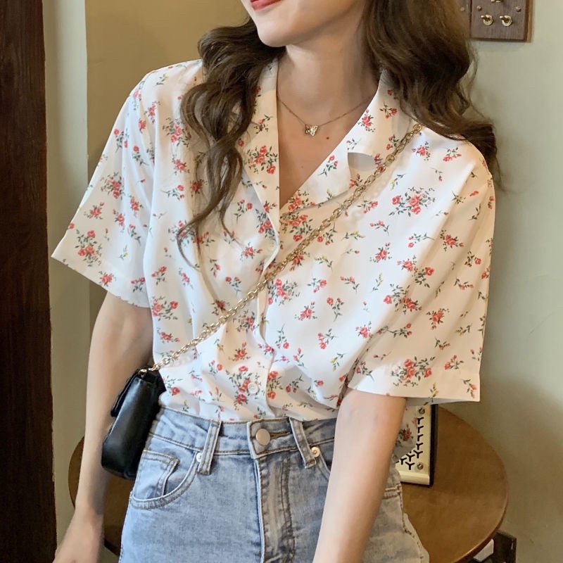 Áo Sơ Mi Ngắn Tay In Hoa Xinh Xắn Phong Cách Hàn Quốc