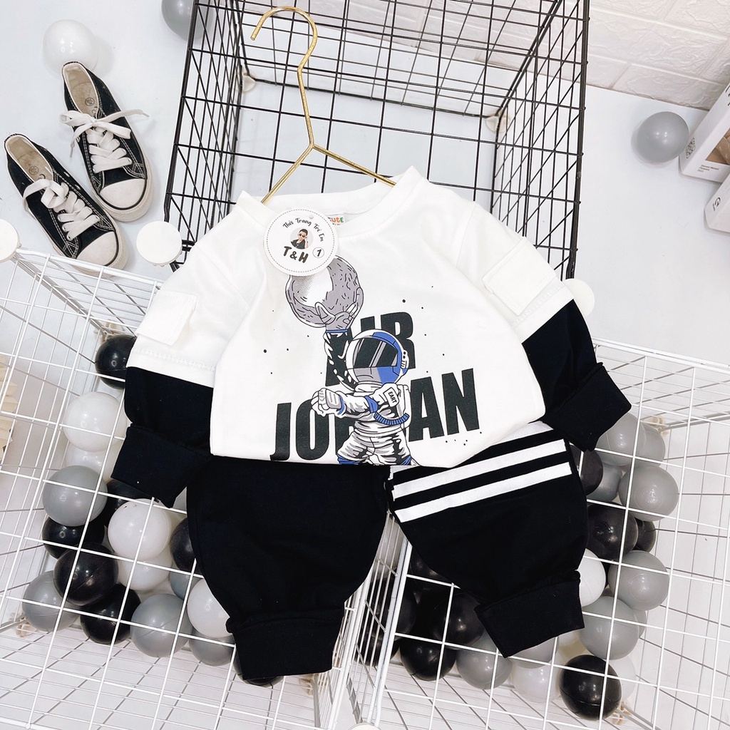Đồ bộ bé trai, Set áo phông thun dài tay họa tiết phi công và quần dài jogger 3 vạch cho bé trai từ 7-18 kg, DUCK321