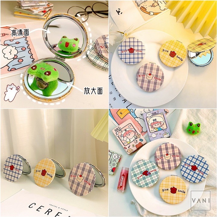 Gương Cầm Tay Mini Gấp Gọn Hình Tròn Mini Sọc Caro Siêu Đáng Yêu - Vani Store [VPP00151]