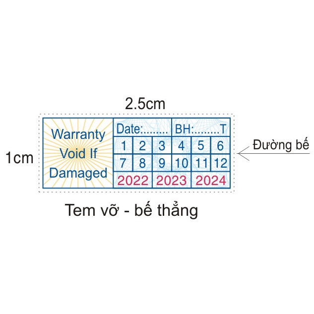 80k/550 Tem Bảo Hành, Tem Vỡ, Hình Chữ Nhật 1x2.5cm, In + Bế Sẵn