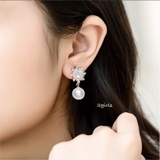 Bông tai bạc s925 đá sáng đính trân châu nhân tạo Hàn quốc (bạc đẹp)
