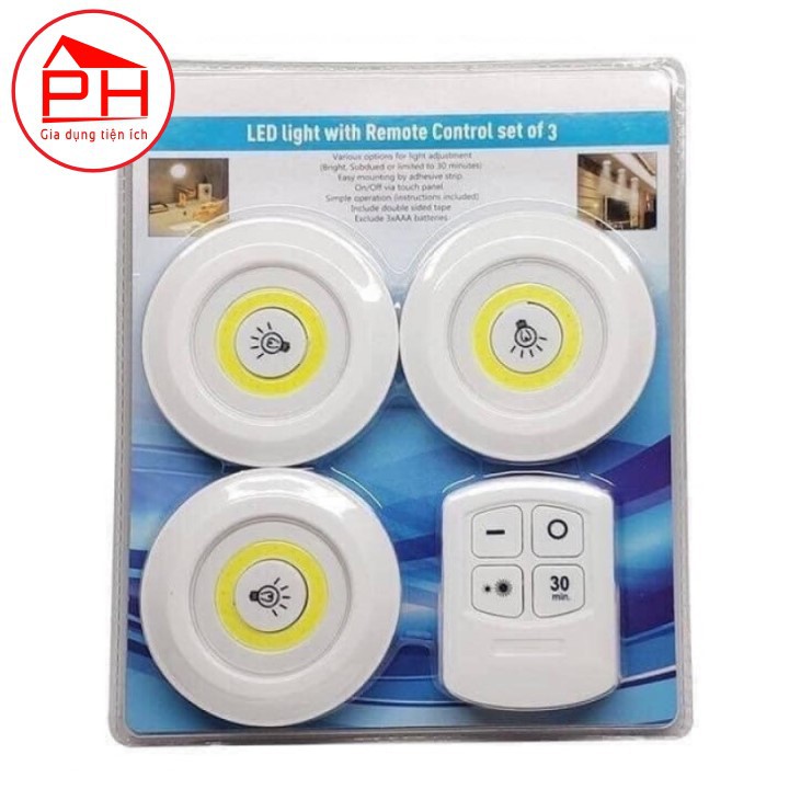 Bộ 3 Đèn LED chiếu sáng không dây dán tường 2 chế độ sáng có điều khiển từ xa dùng pin