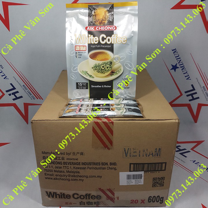 Thùng Cà phê ít đường Aik Cheong (less sugar) 20 bịch 600g (15 gói dài * 40g)