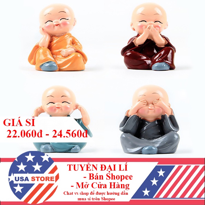 Bộ Tượng Chú Tiểu Hòa Thượng Tứ Không - Phật Phong Thủy Mini 4 Tư Thế, Trang Trí Xe Hơi, Để Bàn Làm Việc