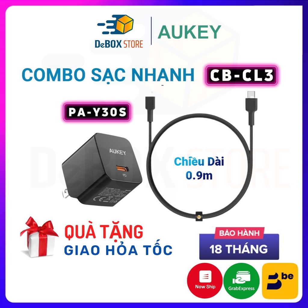 【Giao Hỏa Tốc】Combo Cốc Sạc Nhanh Aukey PD PPS 30W PA-Y30S, Cáp Aukey PD 22,5W CB-CL3 Dài 0,9m - Chính Hãng BH 18T