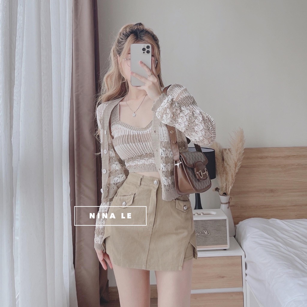 Set áo khoác len KẺ NGANG kèm áo 2 dây hàng Quảng Châu