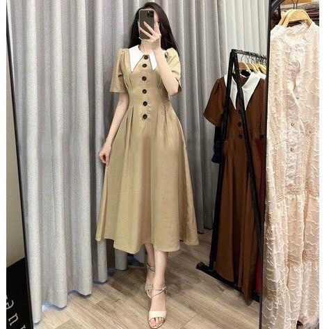 Đầm váy freesize cổ trắng nút đen 5 màu