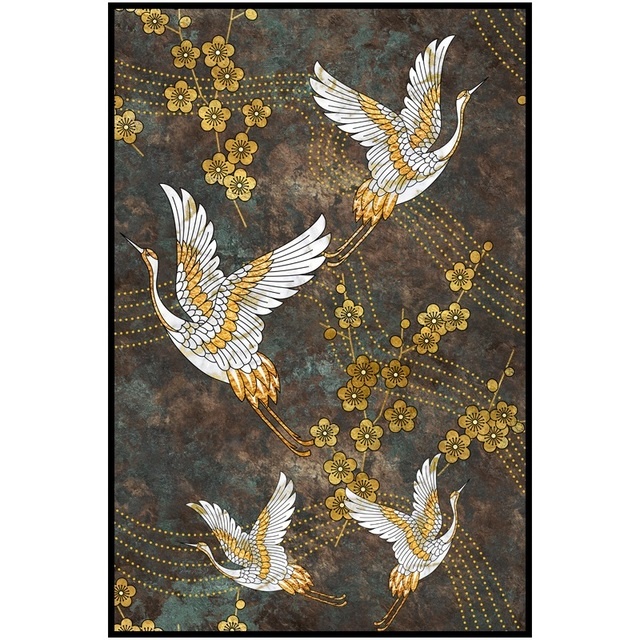 Tranh Vải Bạt Treo Tường In Hình Chim Hạc Vàng Phong Cách Trung Hoa Trừu Tượng Retro Trang Trí Nhà Cửa