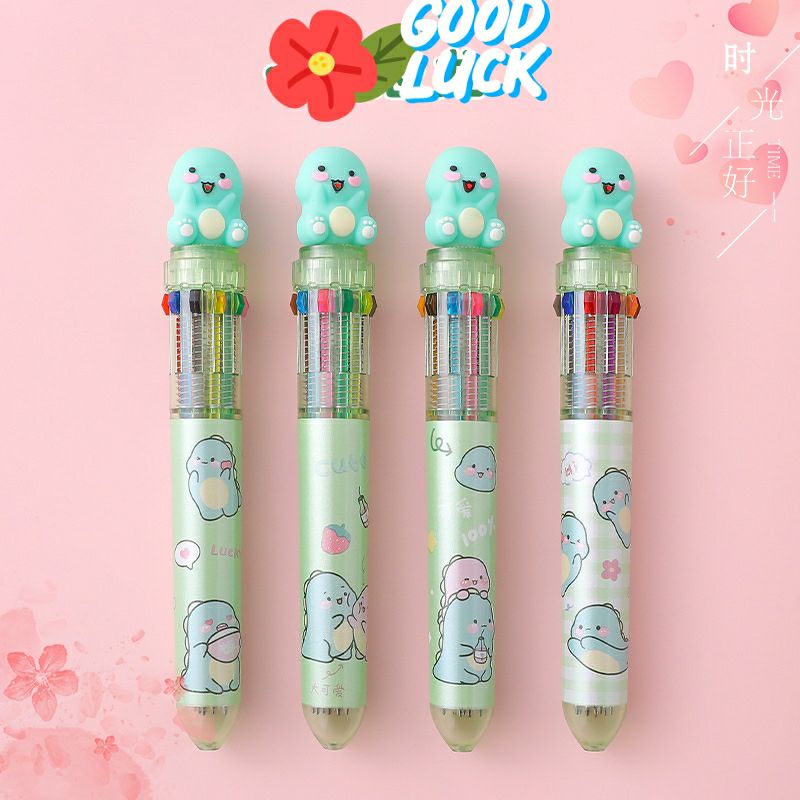 Bút bi 10 màu mực dễ thương khủng long, bò sữa, thỏ cà rốt, gấu xanh/ Bút bi béo lò xo bấm 6 ngòi học sinh, sinh viên