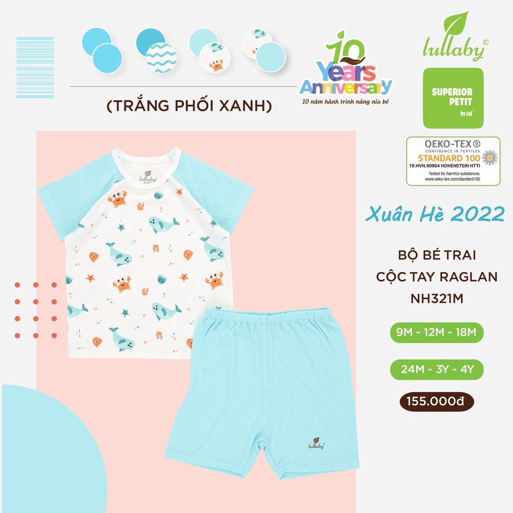 Bộ Lullaby Petit cao cấp thoáng mát thấm hút tốt cộc tay Raglan cho bé trai bé gái NH624P NH621P NH313M NH310M NH321M