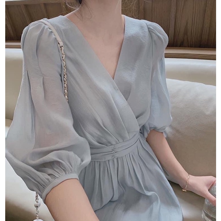 Váy Voan Cổ V Li Eo Hai Lớp