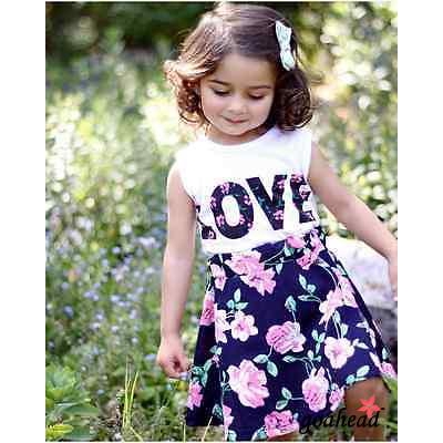 Bộ áo thun in chữ họa tiết hoa + váy hình hoa cho bé gái