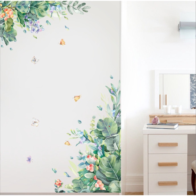Decal trang trí tường - Bụi hoa leo tường và đàn bướm xinh