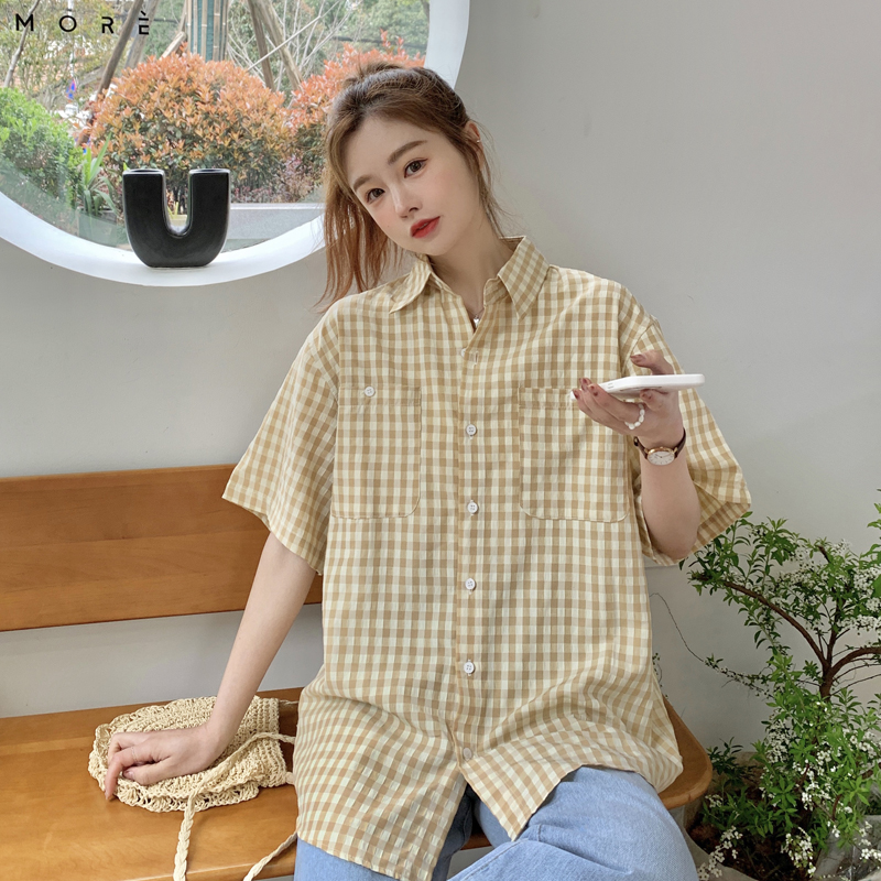 SUXI Áo sơ mi ca rô ngắn tay phong cách thời trang dành cho nữ