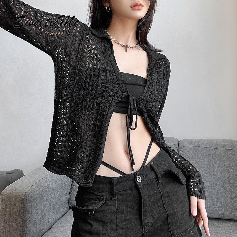 Áo Cardigan Dệt Kim Tay Dài Màu Trơn Thời Trang   Gợi Cảm Cho Nữ