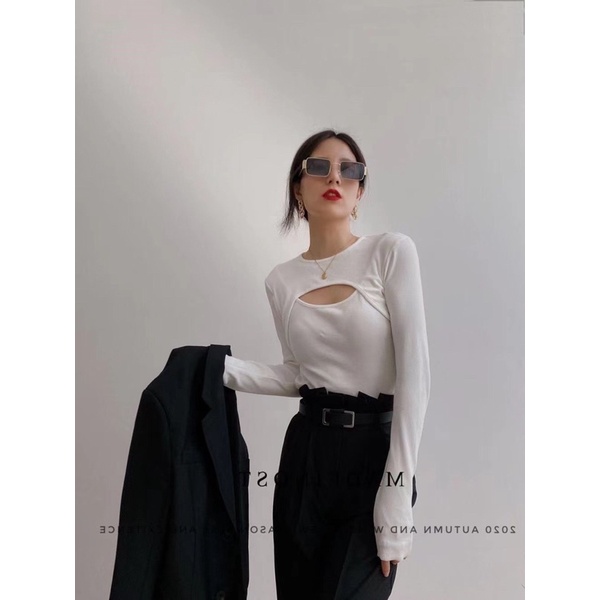 [HÀNG SẴN]ÁO LEN CUTOUT trươc ngưc tay bồng hàng Quảng Châu