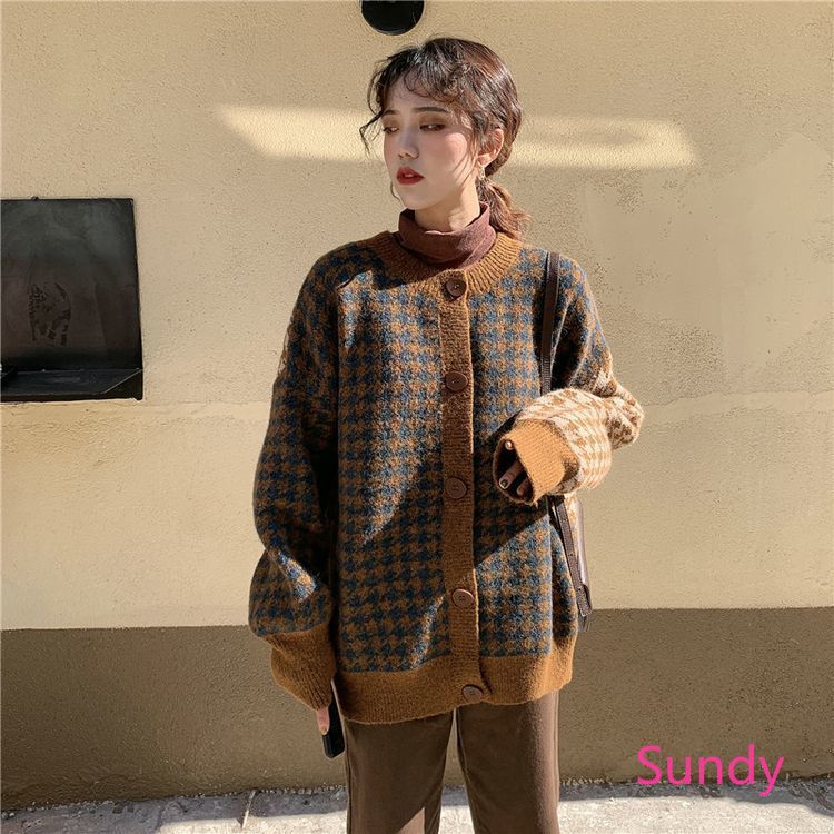 Áo khoác cardigan dệt kim dáng rộng phong cách retro Hàn Quốc thời trang cho nữ