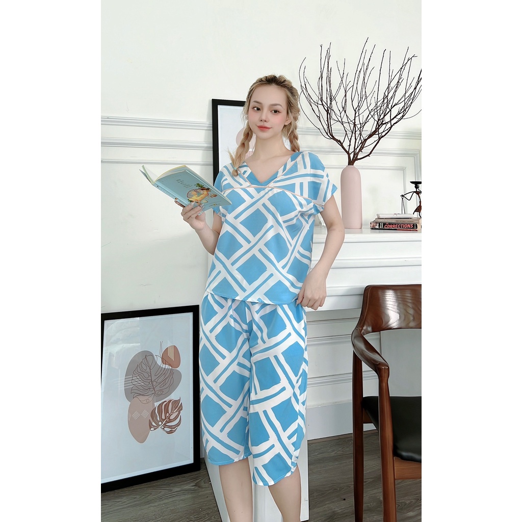 Bộ lụa ngủ, pijama cộc tay mặc nhà in hình họa tiết dễ thương-DOL9